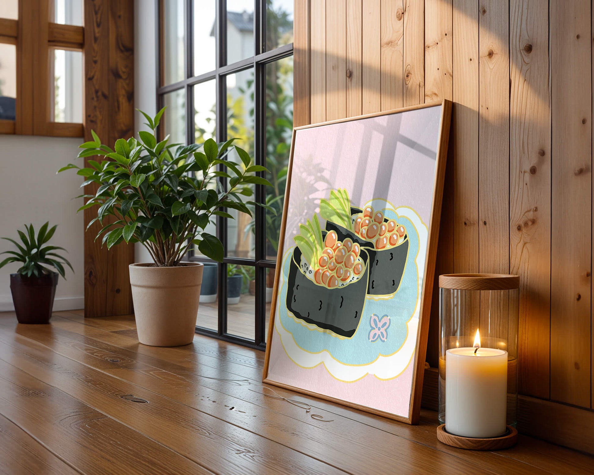 Illustration of sushi rolls with fish roe and avocado on a pastel background