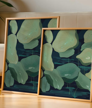 Green lily pads on a dark water background illustration