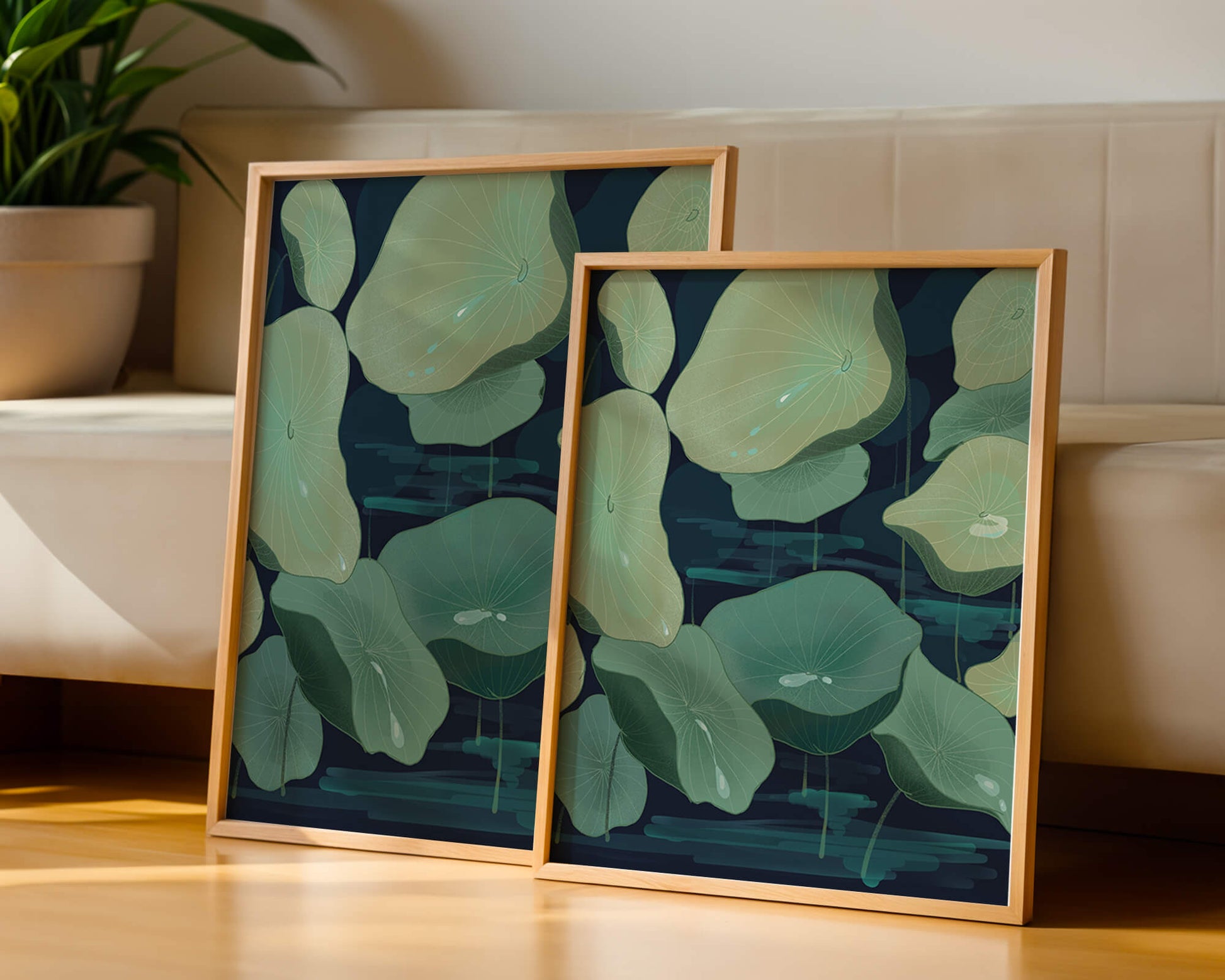 Green lily pads on a dark water background illustration
