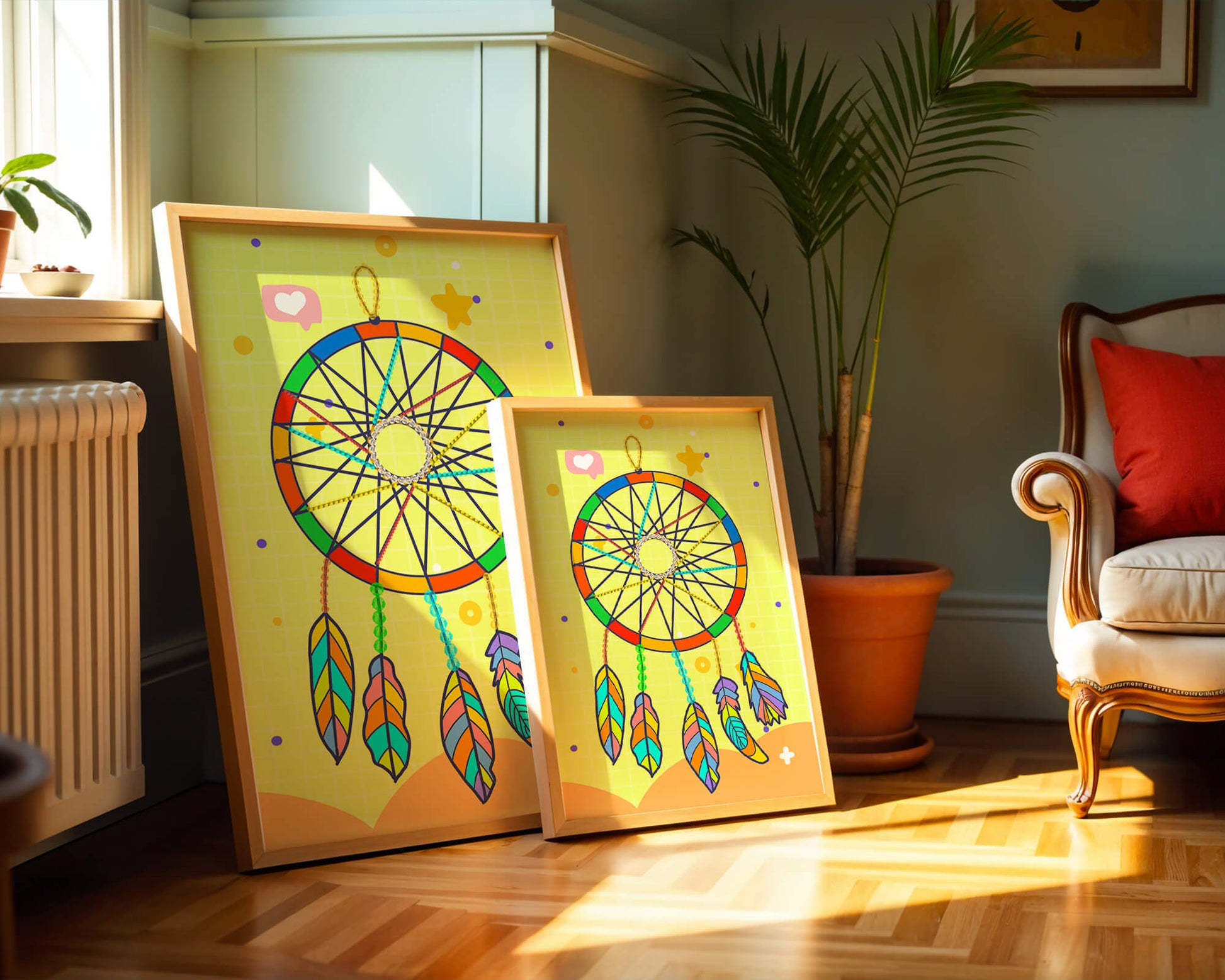 Colorful dreamcatcher on a vibrant yellow background