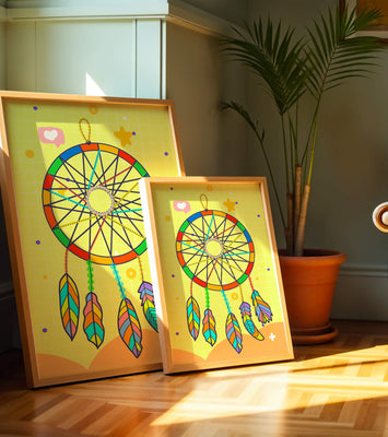 Colorful dreamcatcher on a vibrant yellow background
