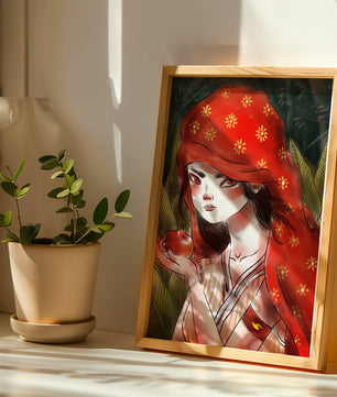 Illustration d'une fille en capuchon rouge tenant une pomme dans une forêt
