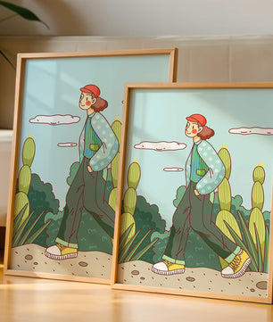 Person walking in desert landscape with cacti