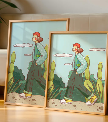 Person walking in desert landscape with cacti