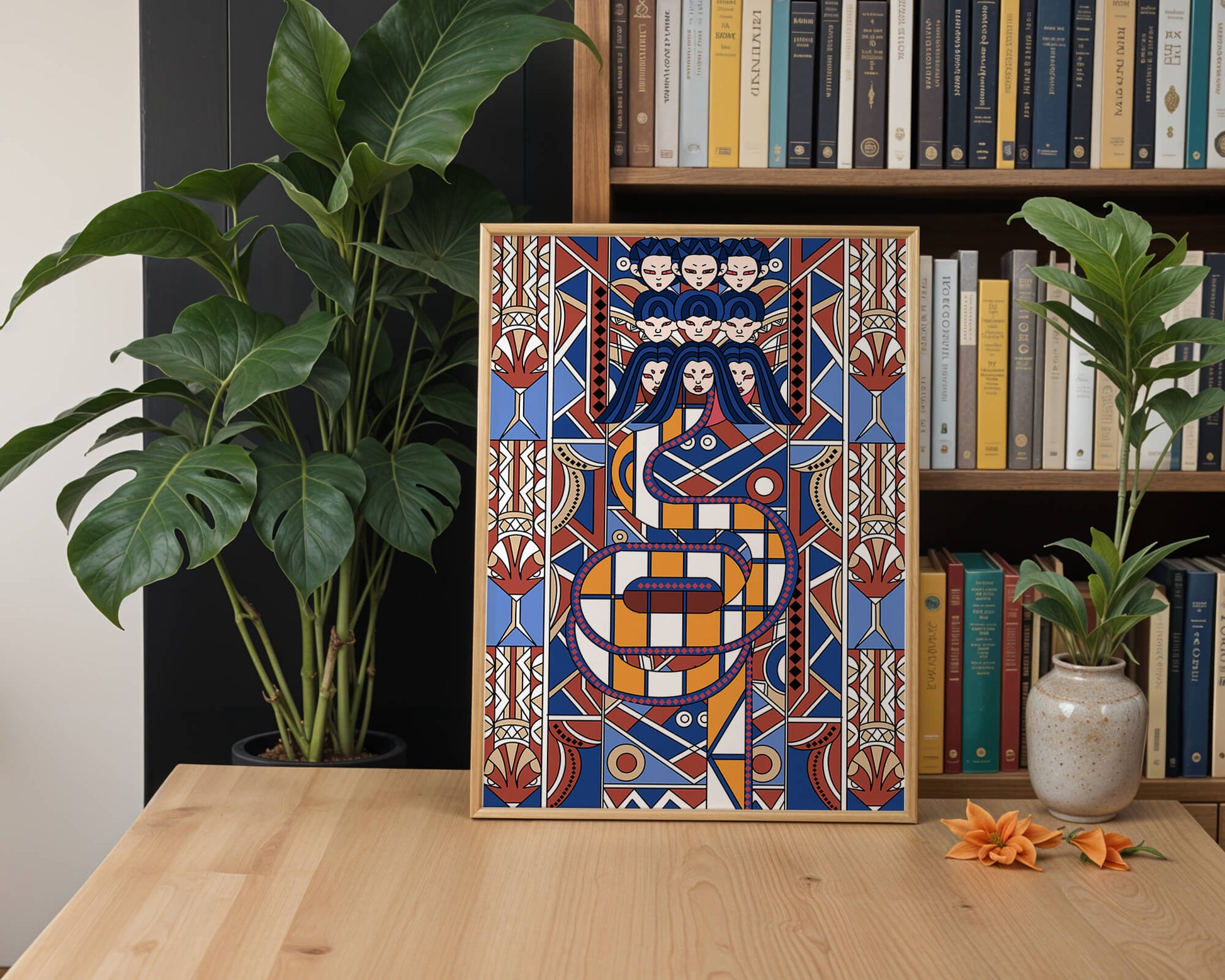 Patrón geométrico Art Decó con rostros y diseño simétrico