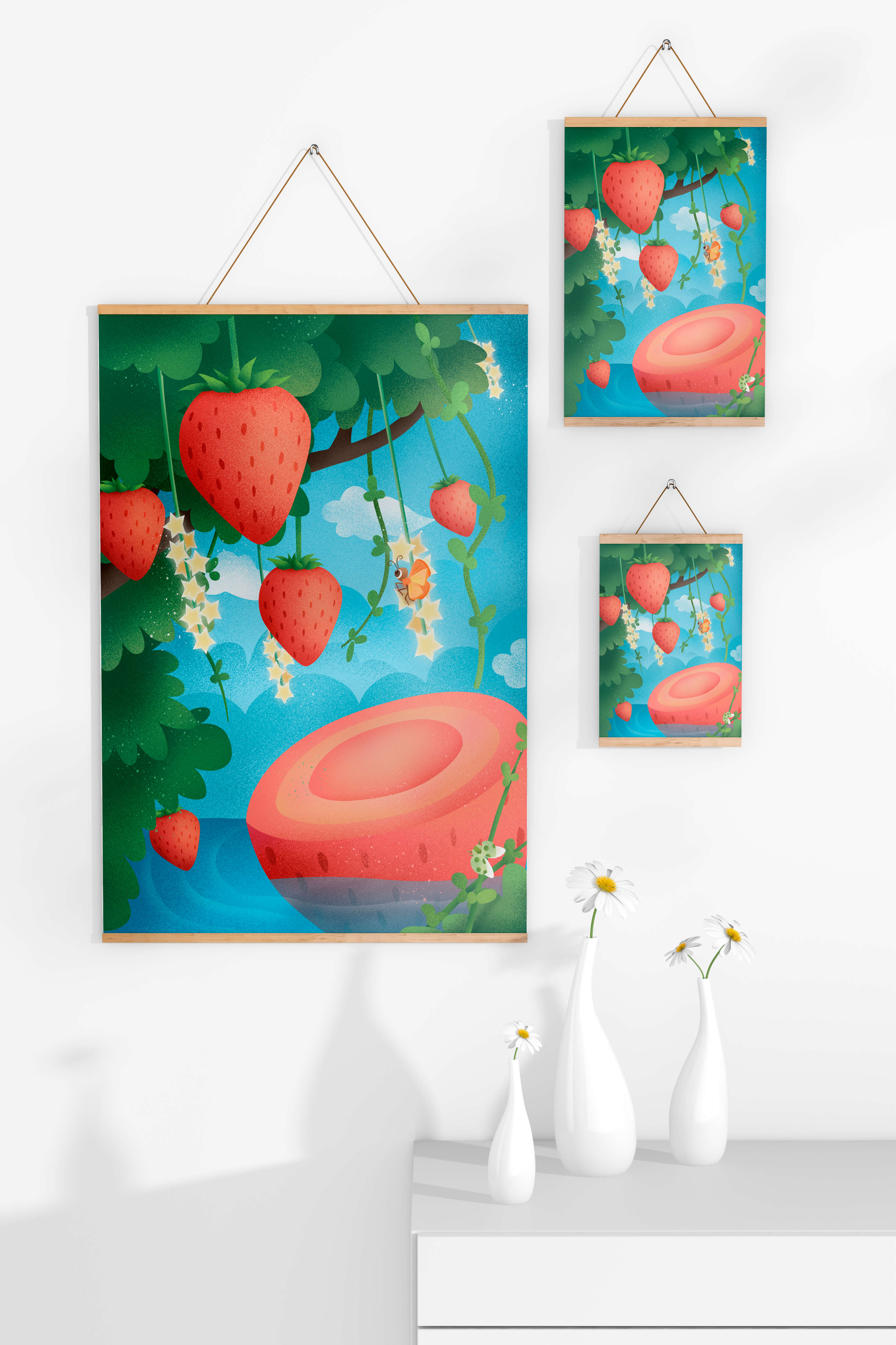Illustrated strawberries in a whimsical garden setting
