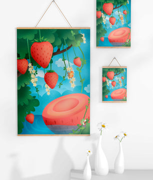 Illustrated strawberries in a whimsical garden setting