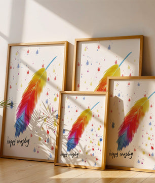 Colorful feather with inspirational message on abstract paint splatter background