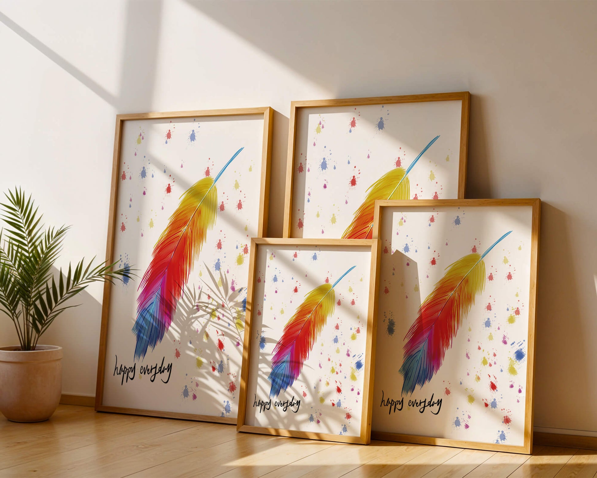 Colorful feather with inspirational message on abstract paint splatter background