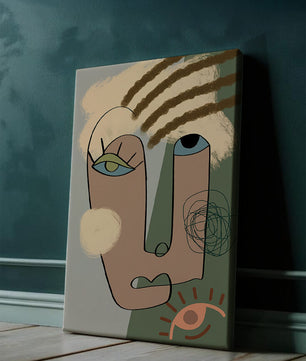 Retrato abstracto con formas geométricas y tonos terrosos