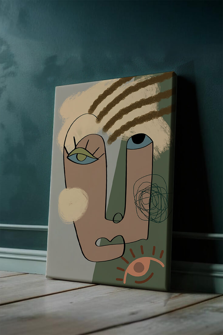 Retrato abstracto con formas geométricas y tonos terrosos.