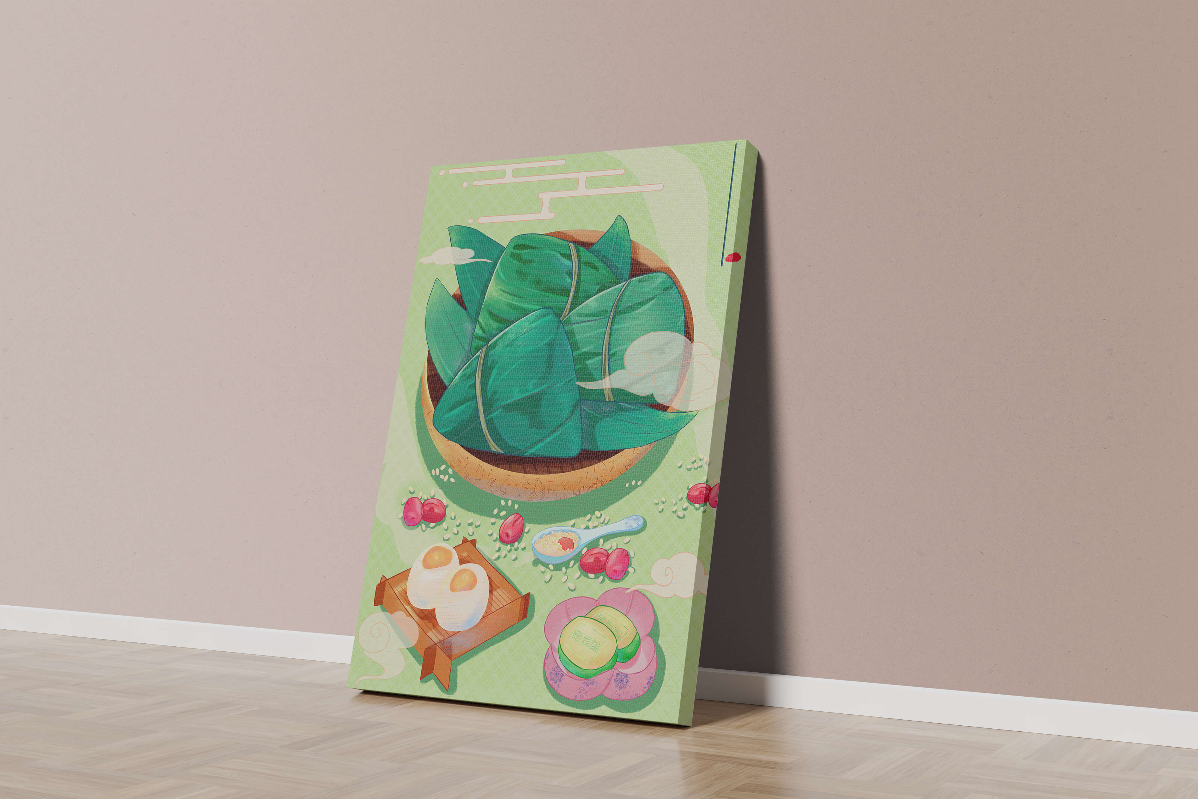 Traditional Asian food illustration with rice dumplings and mooncakes on a green background