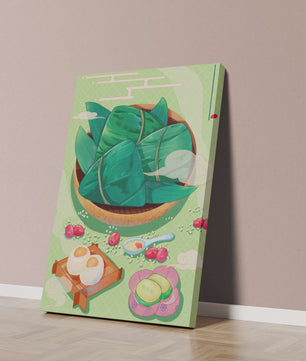 Traditional Asian food illustration with rice dumplings and mooncakes on a green background