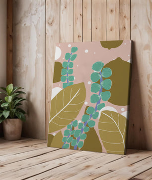 Diseño botánico abstracto con hojas verdes y doradas.