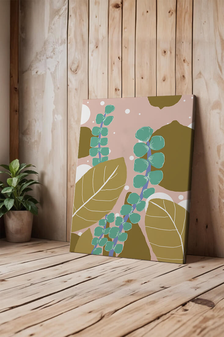 Abstract botanical design with green and golden leaves