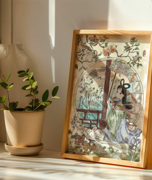 Peaceful Garden Scene with Girl and Rabbit