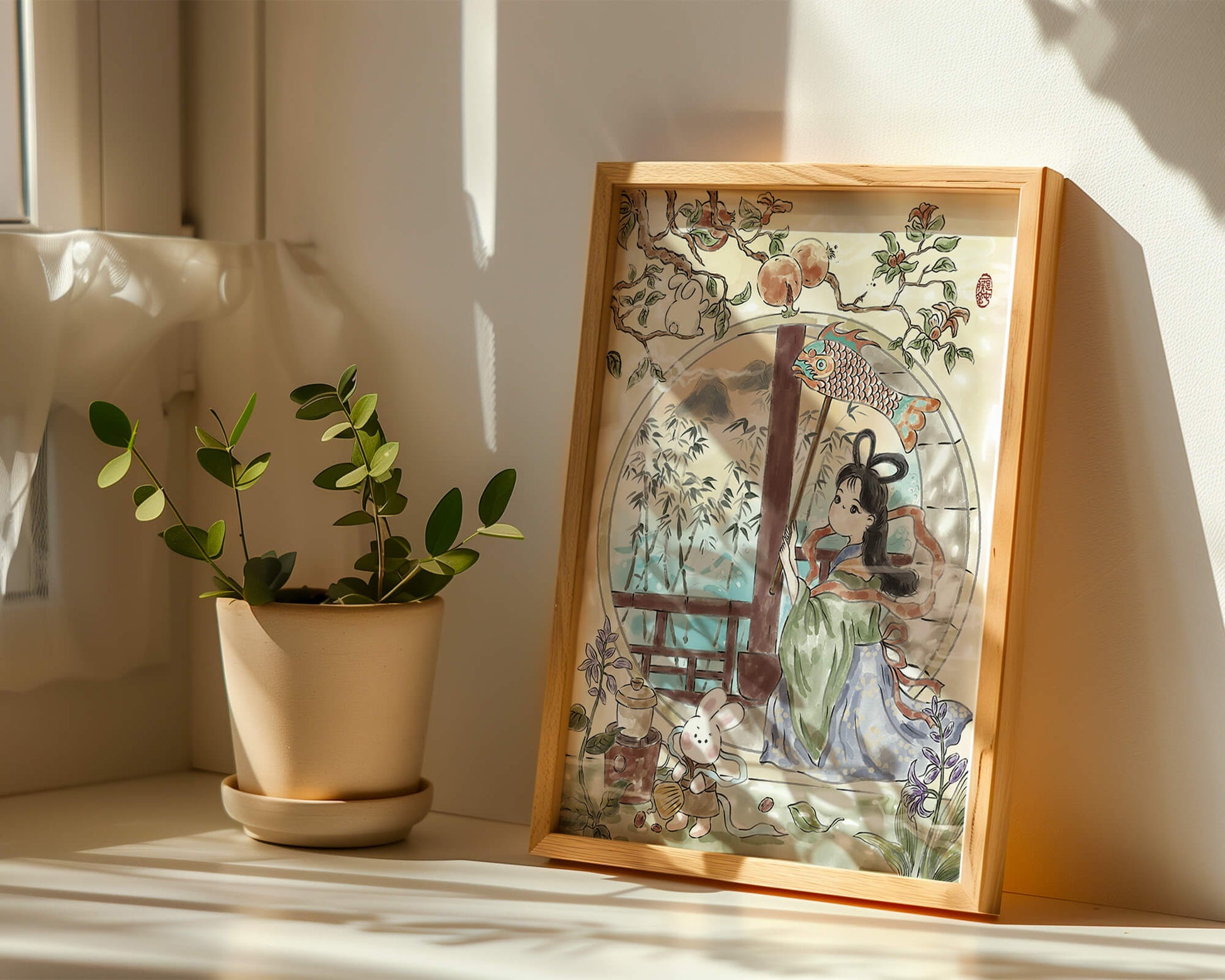 Escena de jardín tranquilo con una niña y un conejo