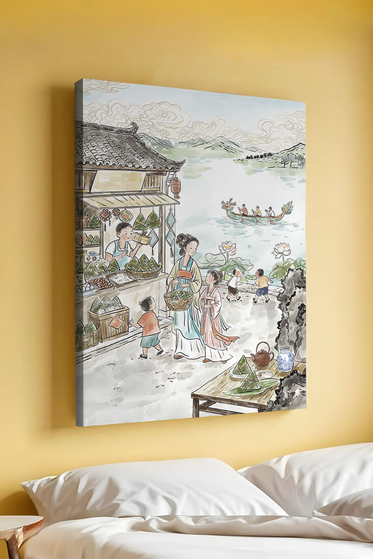 Traditional Chinese Market Scene with Dragon Boat on River