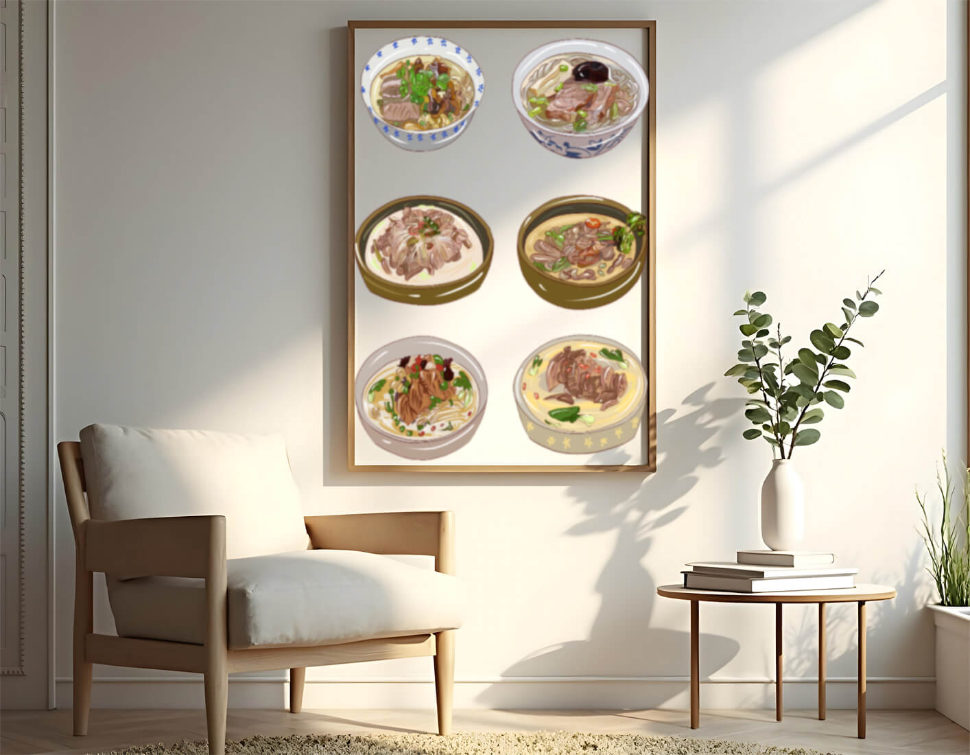 Illustrated bowls of Asian noodle soups with herbs and vegetables