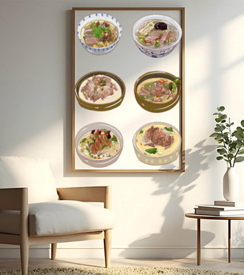 Illustrated bowls of Asian noodle soups with herbs and vegetables