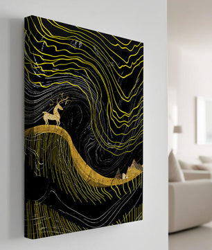 Ciervo dorado y paisaje montañoso abstracto con líneas onduladas