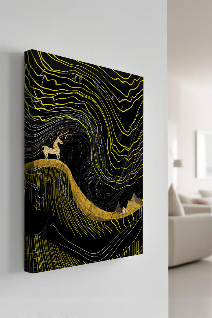 Ciervo dorado y paisaje montañoso abstracto con líneas onduladas