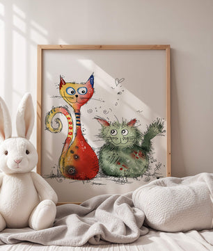 Ilustración artística colorida de dos gatos juguetones sobre fondo blanco