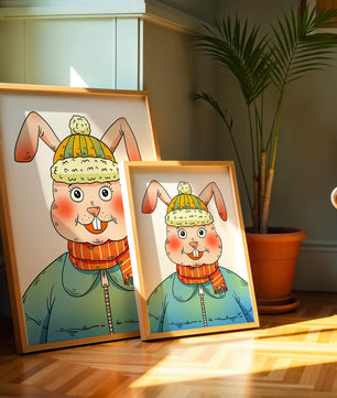 Charmantes Cartoon-Häschen mit Winteroutfit und verspieltem Ausdruck