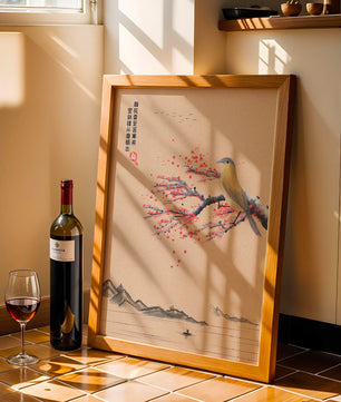Traditional Chinese painting with bird and blossom branch over tranquil landscape