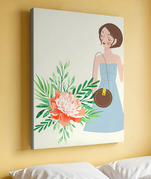 Ilustración de una mujer en vestido azul con diseño floral