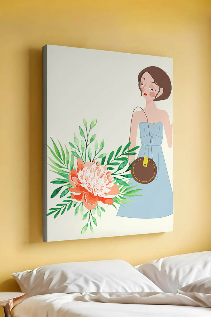 Ilustración de una mujer en vestido azul con diseño floral