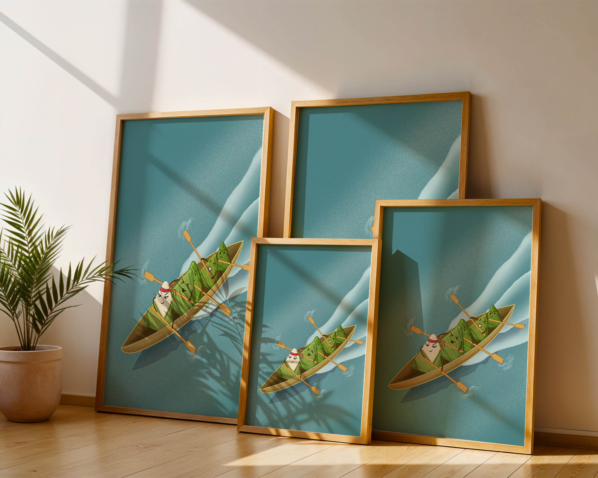 Charming illustration of rice dumplings rowing a boat with expressions