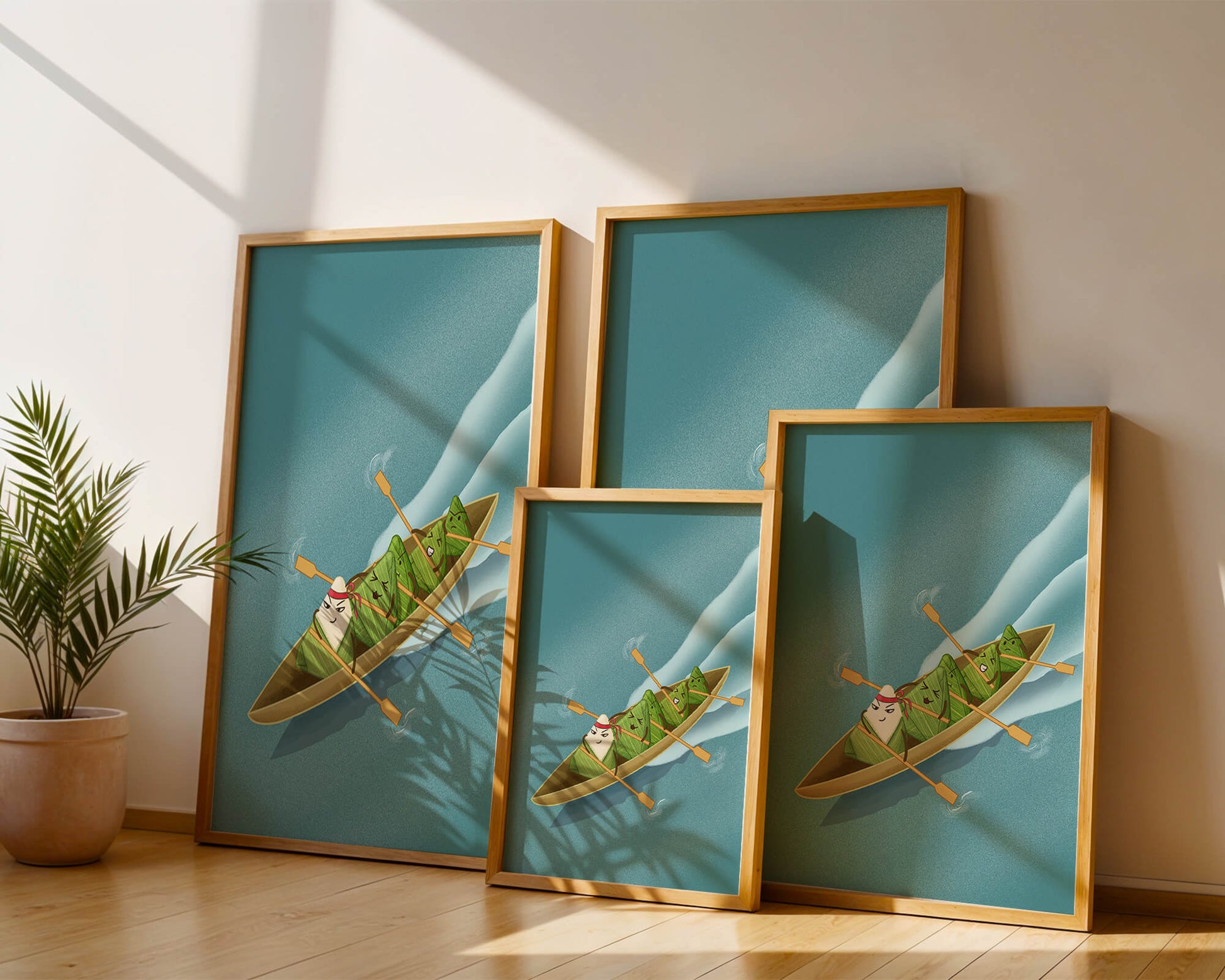 Charming illustration of rice dumplings rowing a boat with expressions