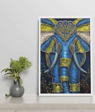 Blue and gold ornate elephant with intricate patterns