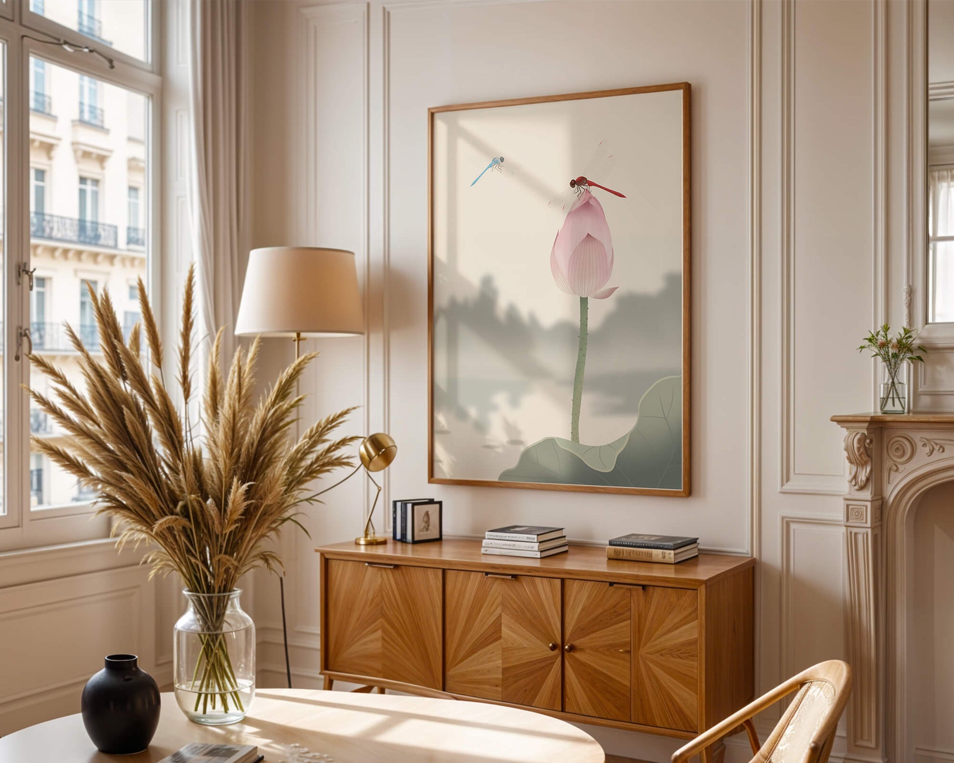 Libélulas sobre un capullo de loto con paisaje sereno