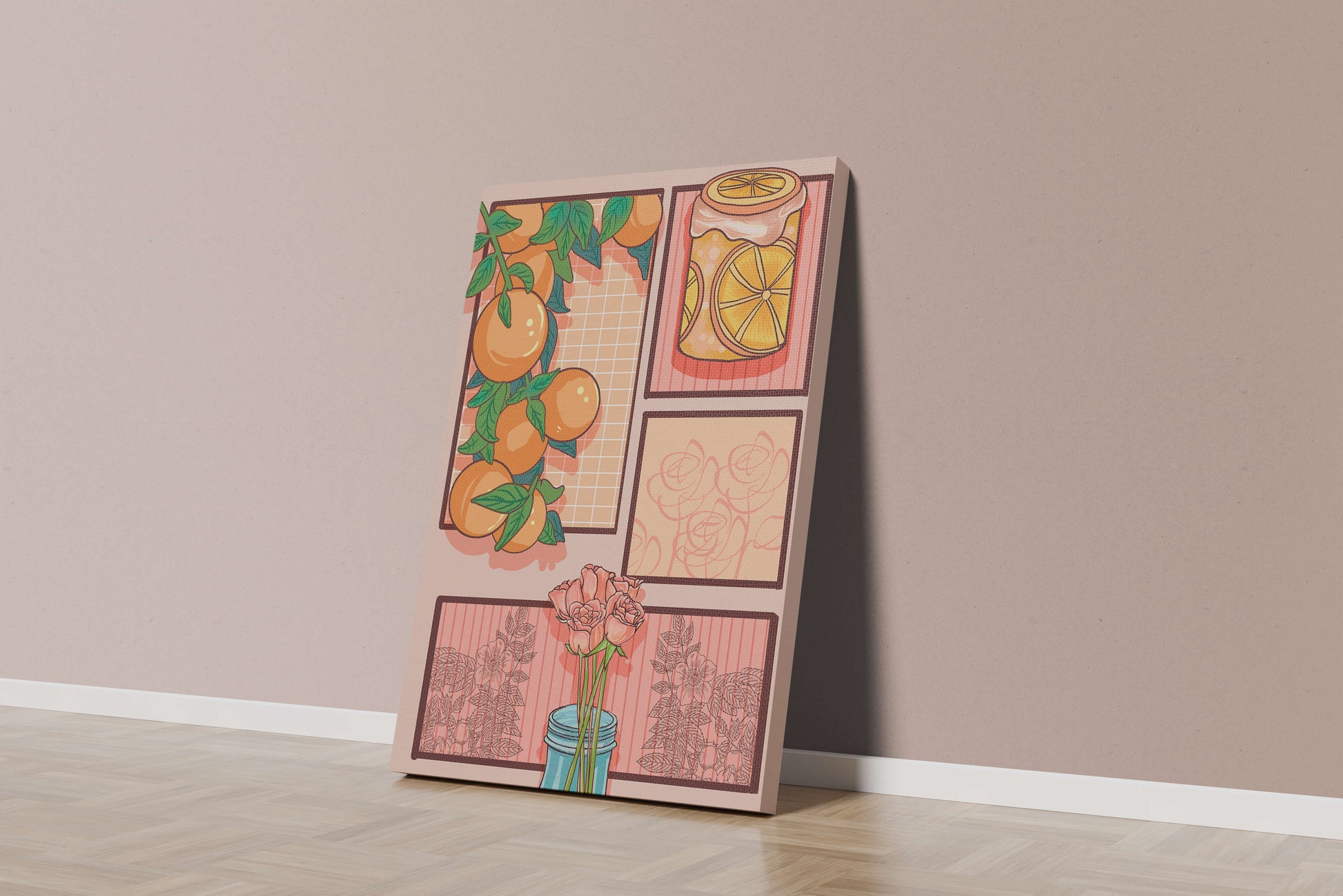 Composición artística con naranjas, frasco de rodajas de limón y rosas sobre fondo geométrico