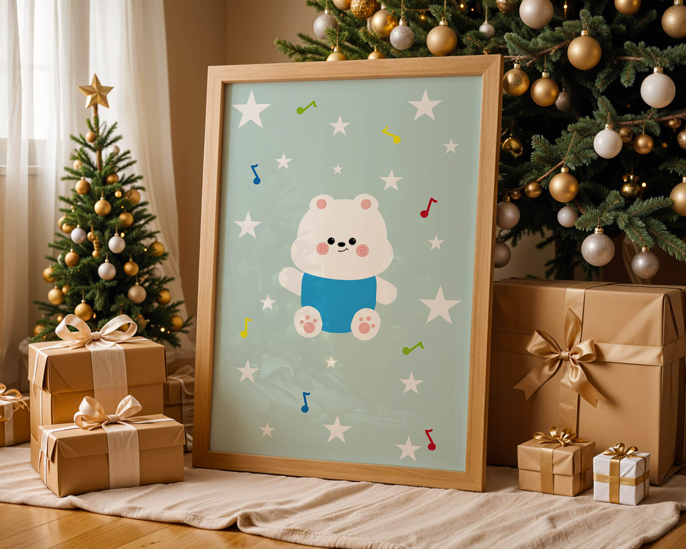 Playful bear illustration with musical notes and stars
