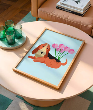 Illustration eines Basset Hound mit rosa Blumen auf hellblauem Hintergrund
