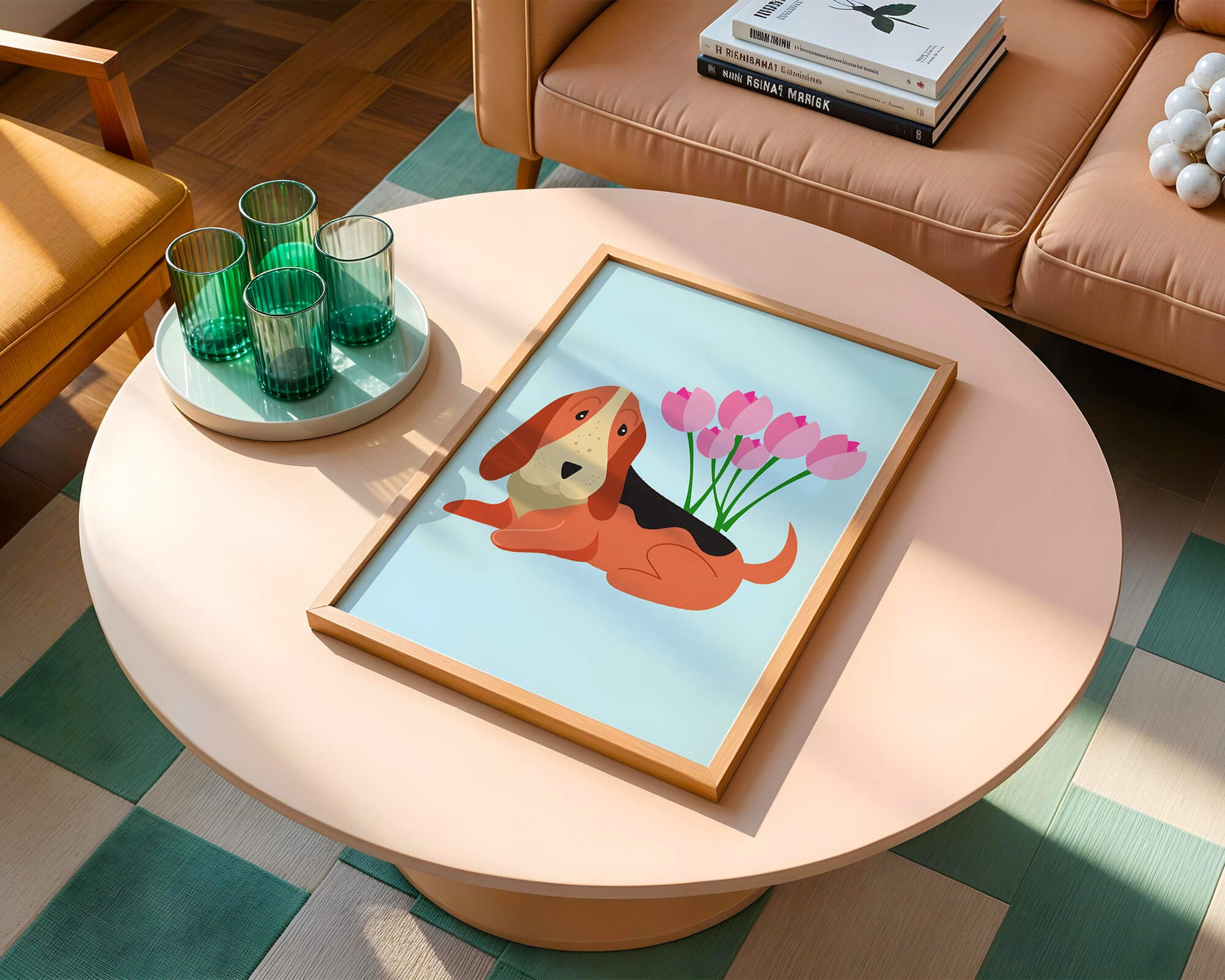 Illustration eines Basset Hound mit rosa Blumen auf hellblauem Hintergrund