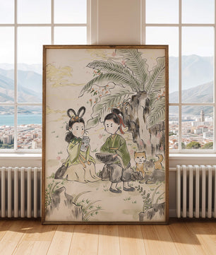 Arte asiático tradicional con dos personas y perros bajo un árbol
