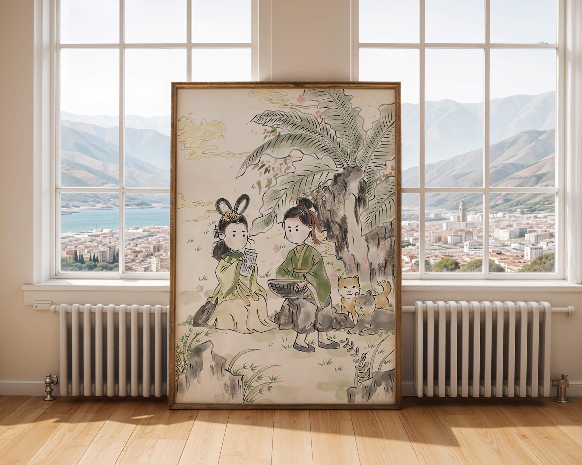 Arte asiático tradicional con dos personas y perros bajo un árbol