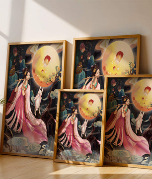 Traditional Asian Art with Flute Player and Moon Rabbit