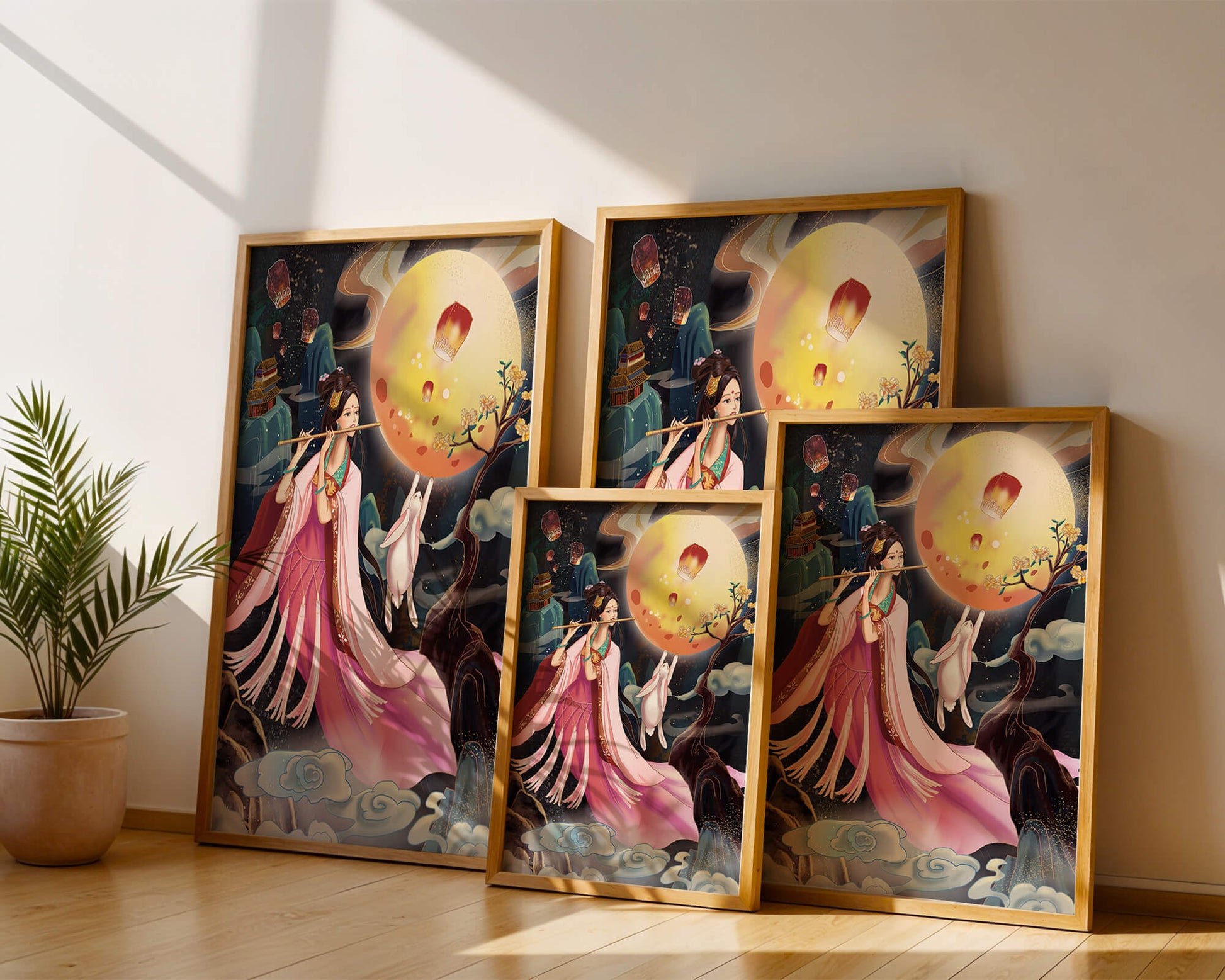 Traditional Asian Art with Flute Player and Moon Rabbit