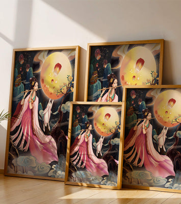 Traditional Asian Art with Flute Player and Moon Rabbit