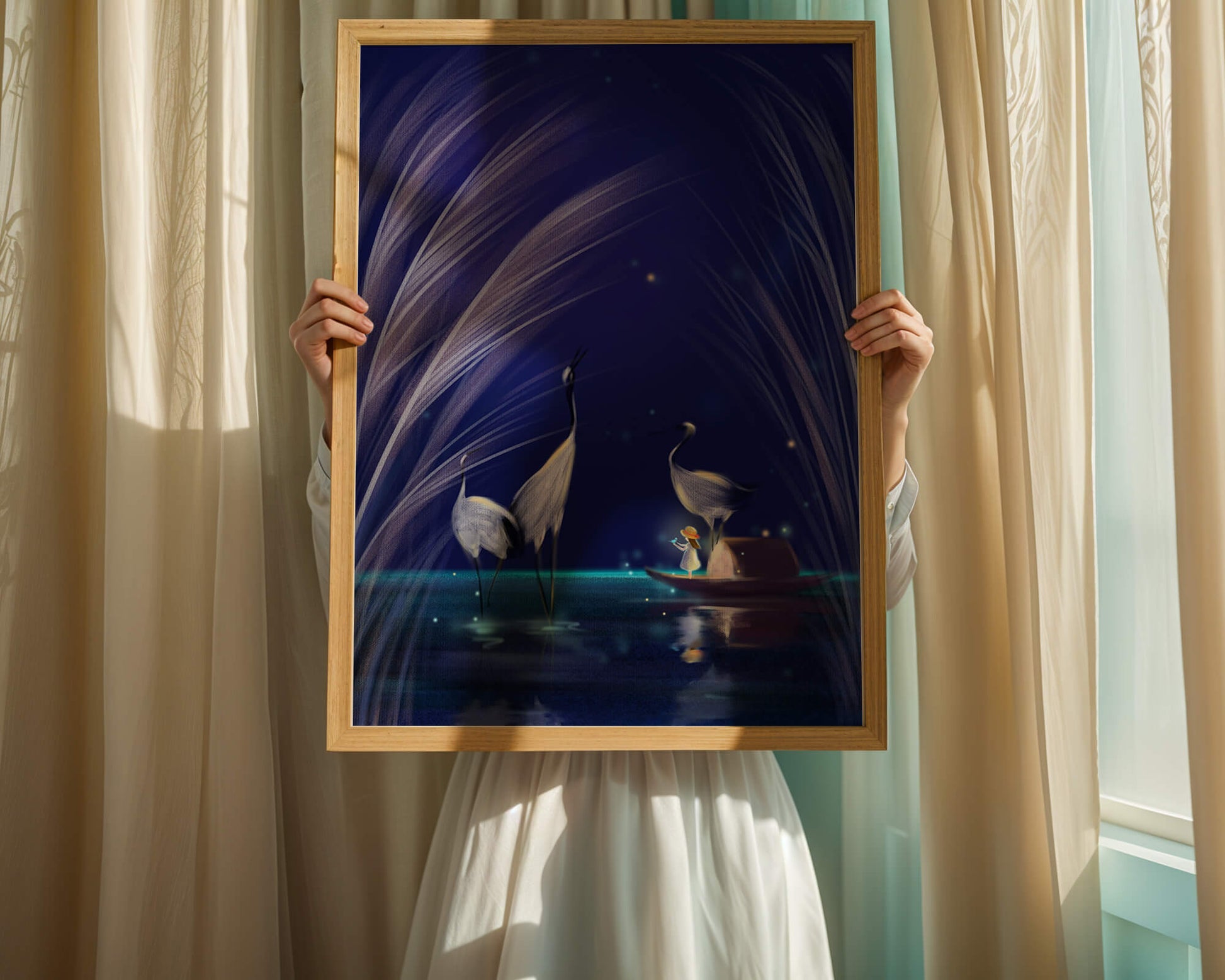 Serene night scene with graceful cranes and a magical boat ride