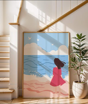 Serene seaside illustration with a girl in a pink dress gazing at the ocean