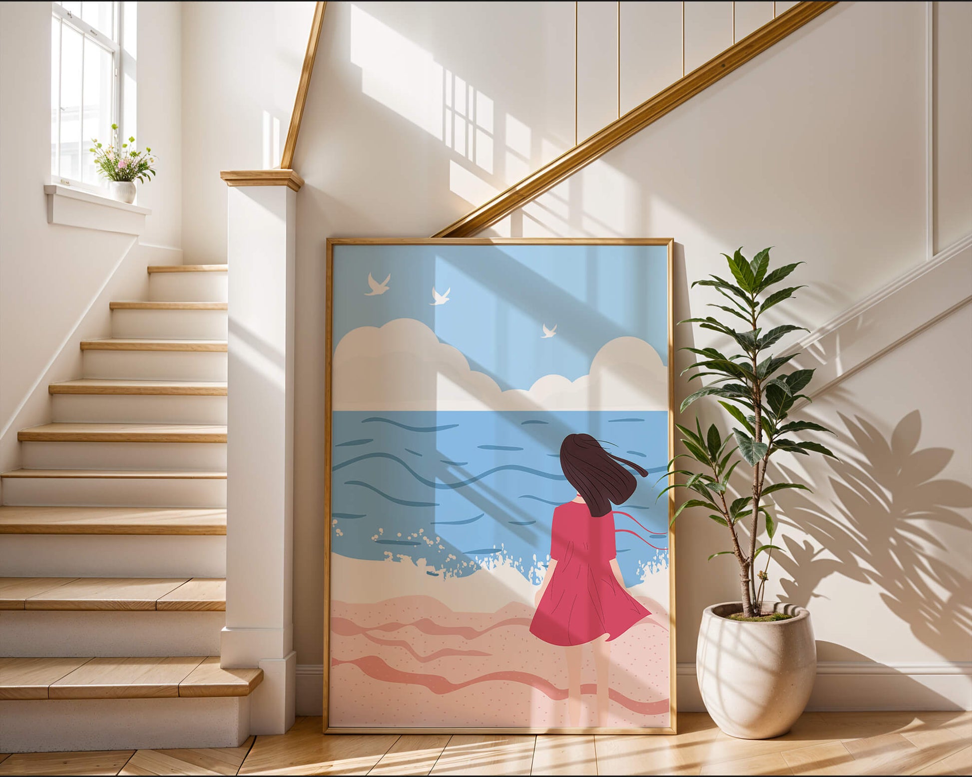 Serene seaside illustration with a girl in a pink dress gazing at the ocean
