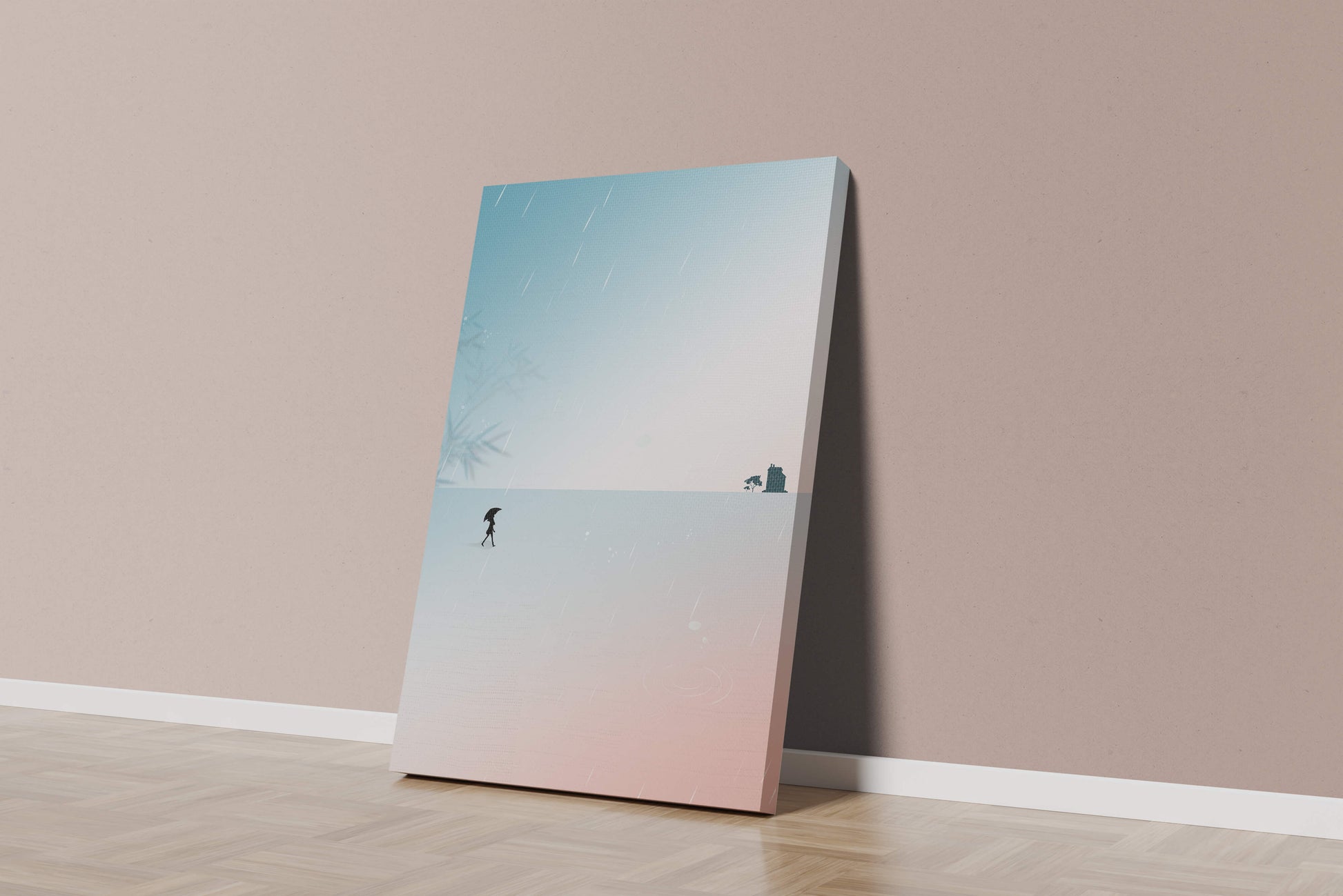 Paisaje Minimalista con Silueta en Ambiente Lluvioso