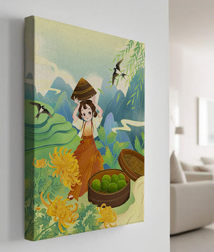 Young girl with basket in vibrant mountain landscape with birds and flowers