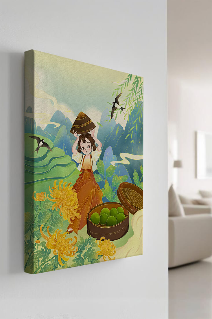 Young girl with basket in vibrant mountain landscape with birds and flowers
